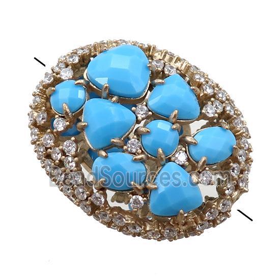 copper oval beads paved zircon with blue crystal glass, hollow, gold plated