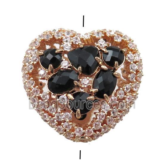 copper heart beads paved zircon with black crystal glass, hollow, gold plated