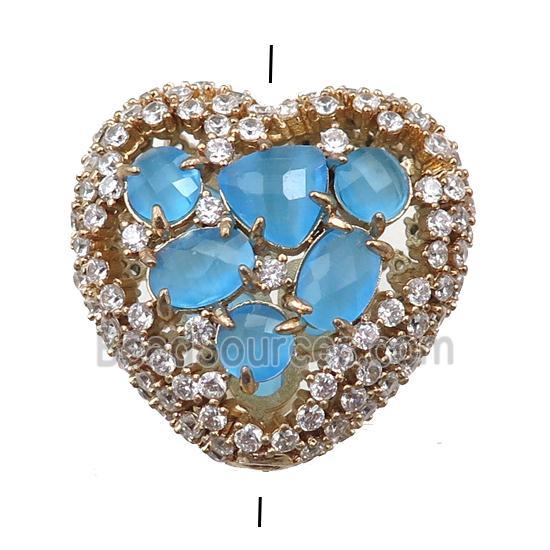 copper heart beads paved zircon with blue crystal glass, hollow, gold plated