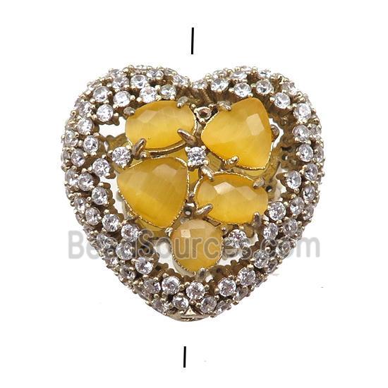 copper heart beads paved zircon with yellow crystal glass, hollow, gold plated