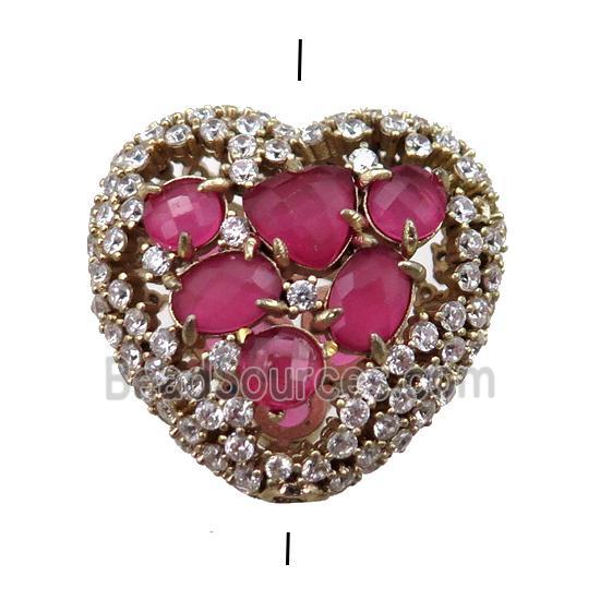 copper heart beads paved zircon with hotpink crystal glass, hollow, gold plated