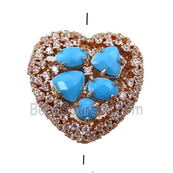 copper heart beads paved zircon with blue crystal glass, hollow, gold plated