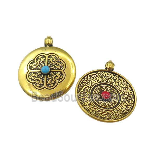 tibetan mandala zinc circle pendant, antique gold