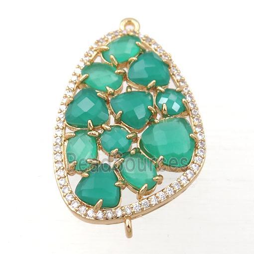 copper teardrop connector paved zircon with green crystal glass, hollow, gold plated