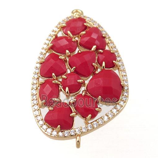 copper teardrop connector paved zircon with red crystal glass, hollow, gold plated