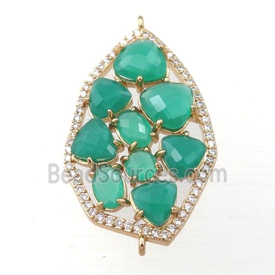 copper polygon connector paved zircon with green crystal glass, hollow, gold plated