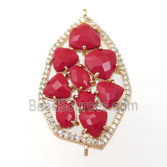 copper polygon connector paved zircon with red crystal glass, hollow, gold plated