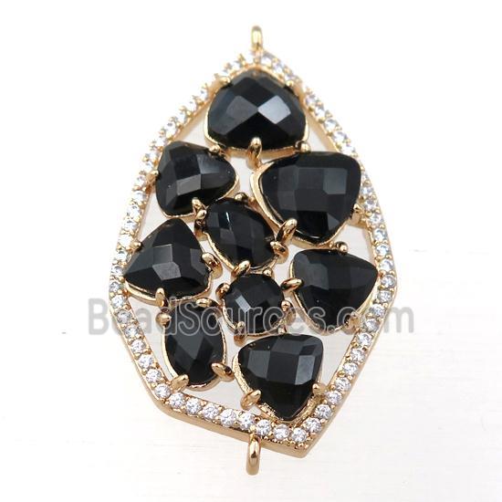 copper polygon connector paved zircon with black crystal glass, hollow, gold plated