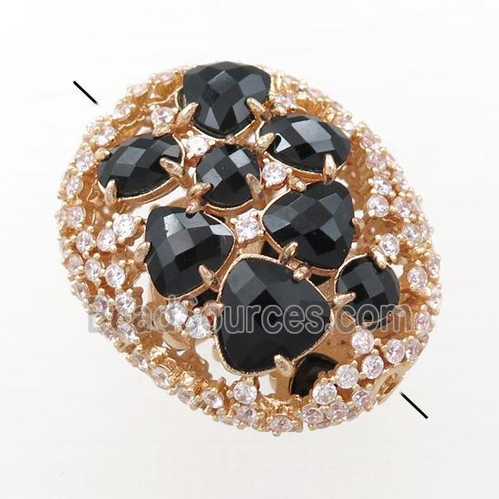 copper oval beads paved zircon with black crystal glass, hollow, gold plated