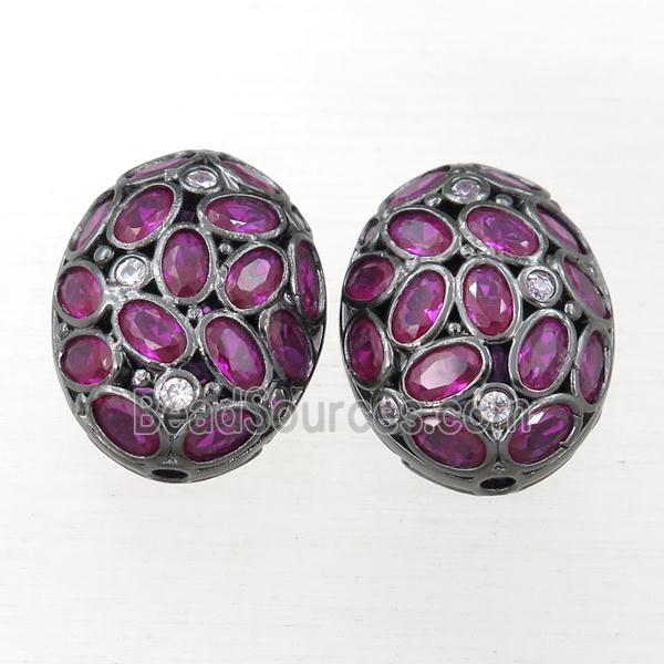 copper oval beads pave hotpink zircon, hollow, black plated