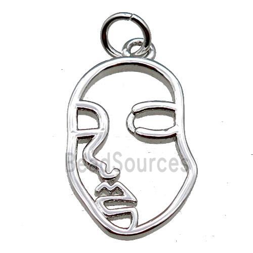 copper face charm pendant, platinum plated