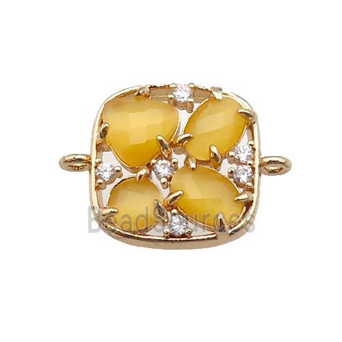 copper square connector pave yellow Cat Eye Crystal, gold plated