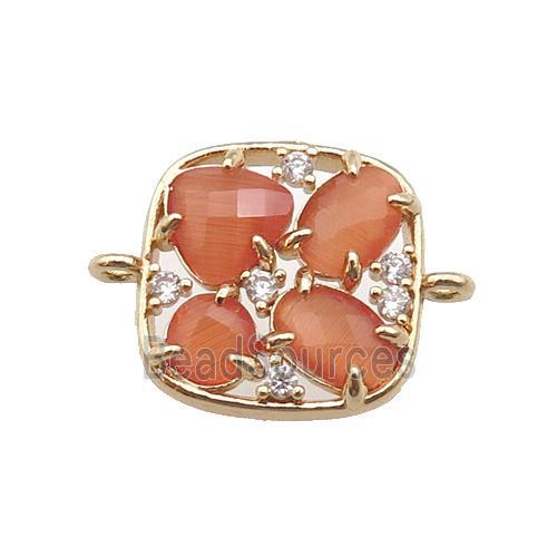 copper square connector pave peach Cat Eye Crystal, gold plated