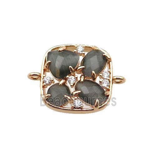 copper square connector pave gray Cat Eye Crystal, gold plated