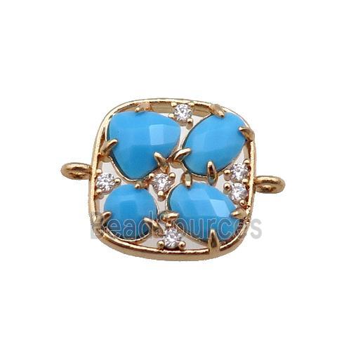 copper square connector pave blue Cat Eye Crystal, gold plated