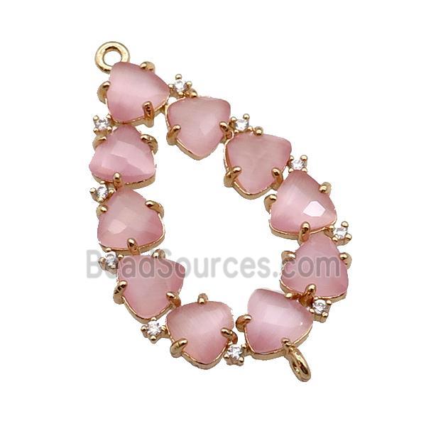 copper teardrop connector pave pink Cat Eye Crystal, gold plated