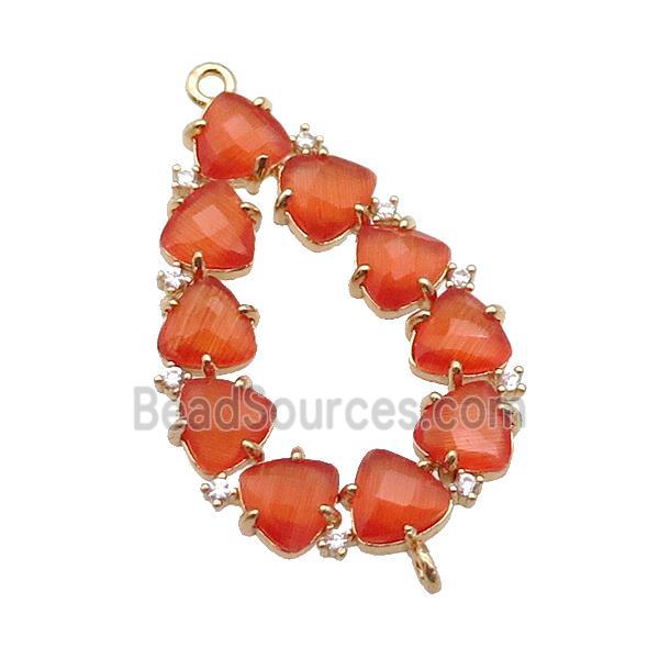 copper teardrop connector pave orange Cat Eye Crystal, gold plated