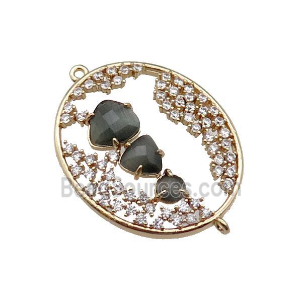 copper oval connector pave gray Cat Eye Crystal, gold plated