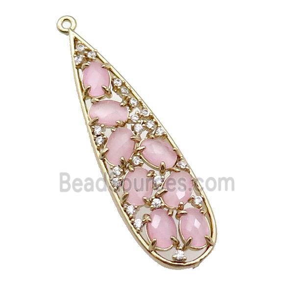 copper teardrop pendant pave pink Cat Eye Crystal, gold plated