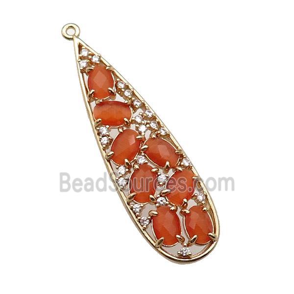 copper teardrop pendant pave orange Cat Eye Crystal, gold plated