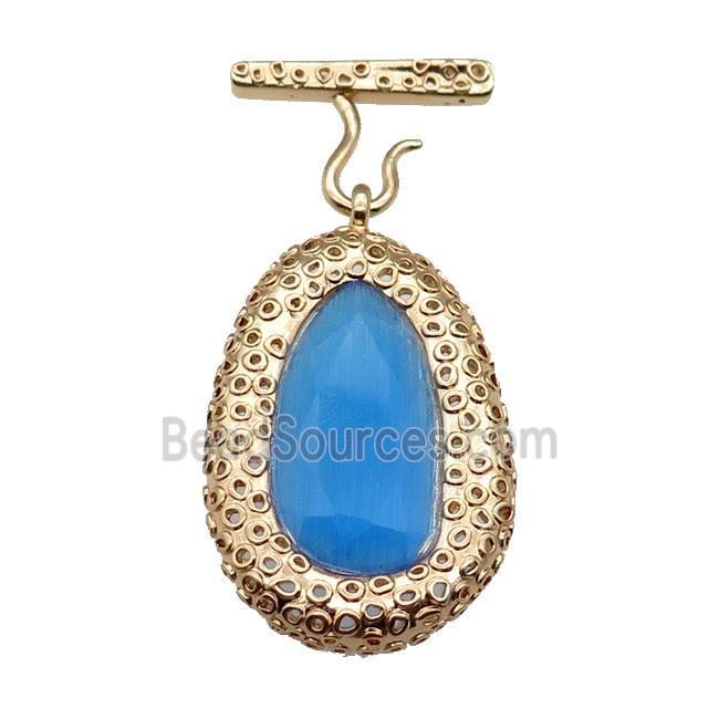 copper oval pendant pave blue Cat Eye Crystal, gold plated