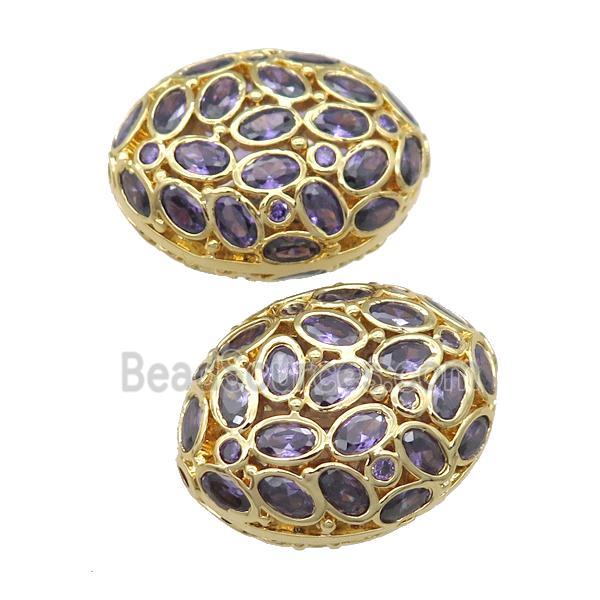 copper oval beads pave purple zircon, gold plated