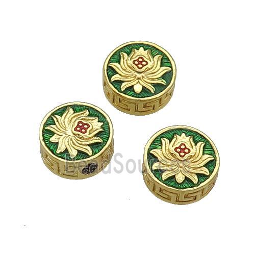 Copper Coin Beads Green Enamel Lotus Gold Plated