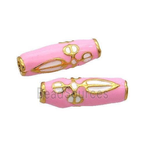 Alloy Rice Beads Pink Enamel Large Hole Gold Plated