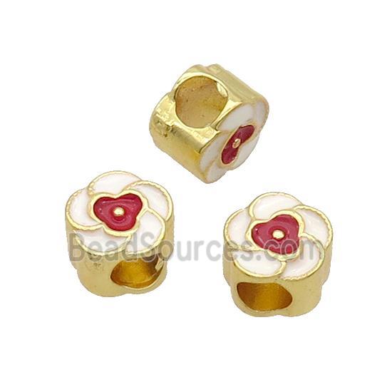 Copper Flower Beads White Enamel Large Hole Gold Plated