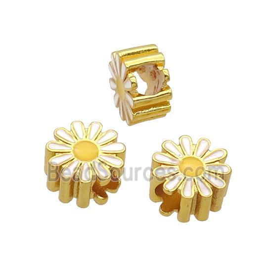 Copper Daisy Flower Beads White Enamel Large Hole Gold Plated