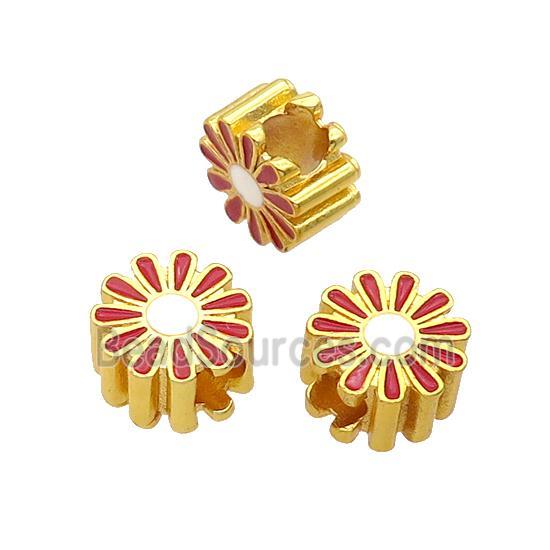 Copper Daisy Flower Beads Red Enamel Large Hole Gold Plated