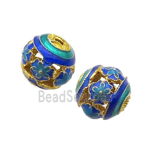 Alloy Round Beads Blue Enamel Hollow Gold Plated