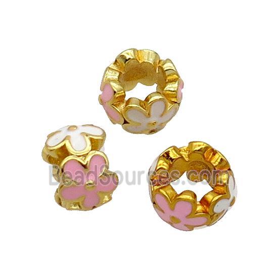 Copper Flower Beads White Pink Enamel Large Hole Gold Plated