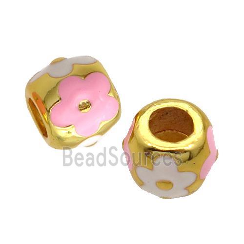 Copper Barrel Beads Pink White Enamel Large Hole Gold Plated