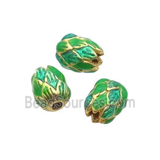 Alloy Tulip Flower Beads Green Enamel Gold Plated