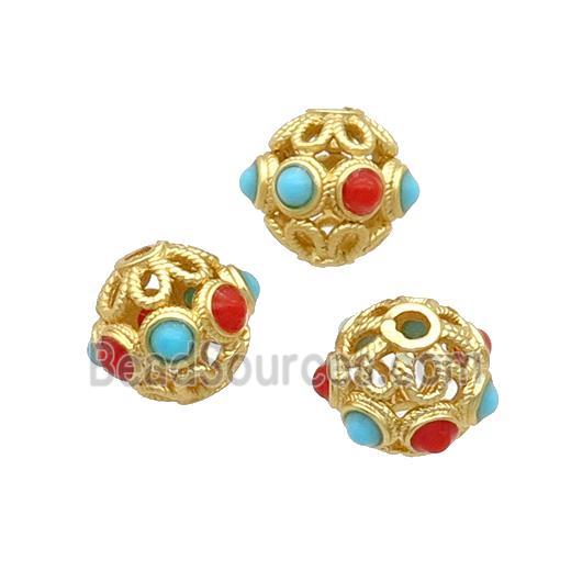 Copper Round Beads Enamel Hollow Gold Plated