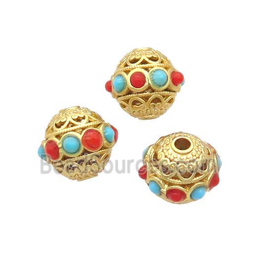 Copper Round Beads Enamel Hollow Gold Plated