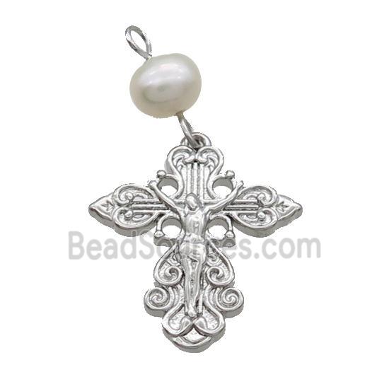 Copper Jesus Pendant With Pearl Religious Platinum Plated