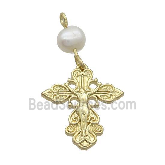 Copper Jesus Pendant With Pearl Religious Gold Plated