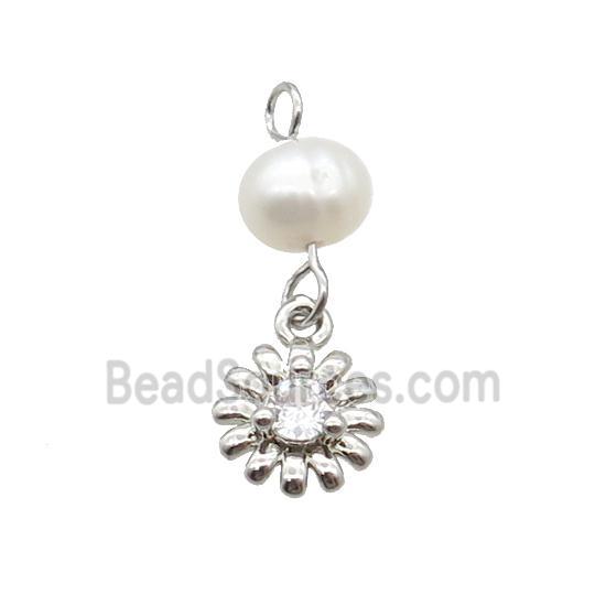 Copper Sunflower Pendant Pave Zircon With Pearl Platinum Plated