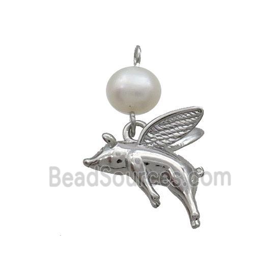 Copper Pig Charm Pendant With Pearl Platinum Plated