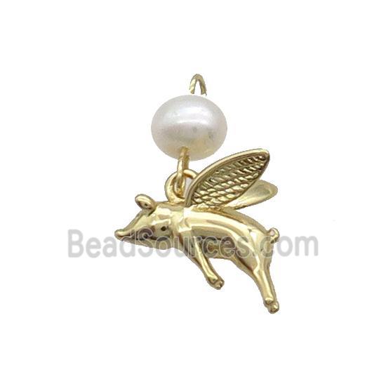 Copper Pig Charm Pendant With Pearl Gold Plated