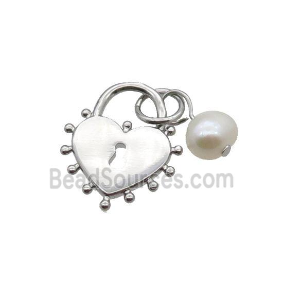 Copper Lock Pendant With Pearl Heart Platinum Plated