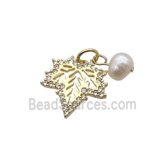 Copper Maple Leaf Pendant Pave Zircon With Pearl Gold Plated