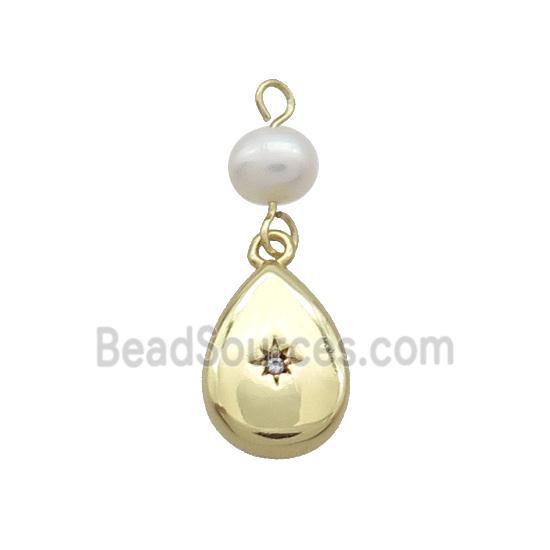 Copper Teardrop Pendant Pave Zircon With Pearl Gold Plated