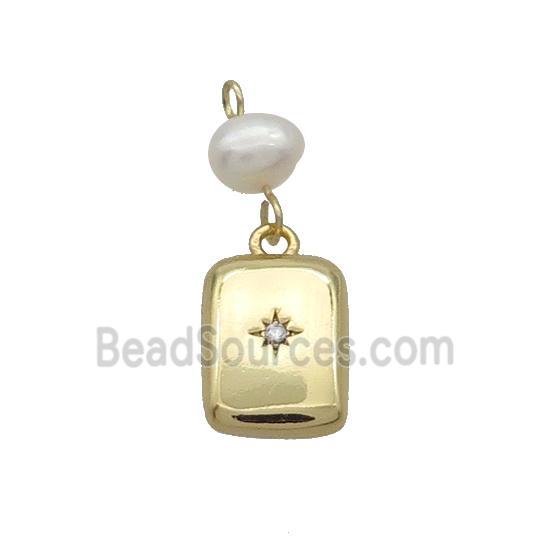 Copper Rectangle Pendant Pave Zircon With Pearl Gold Plated