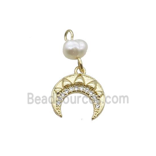 Copper Crescent Pendant Pave Zircon With Pearl Gold Plated