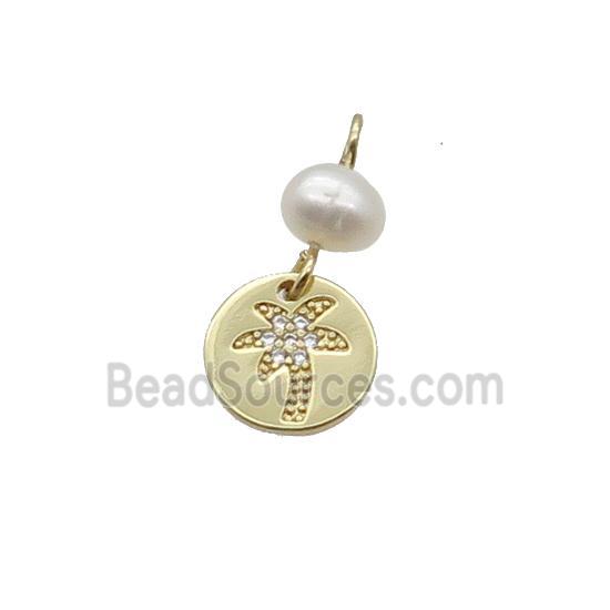 Copper Coconut Tree Pendant Pave Zircon With Pearl Gold Plated