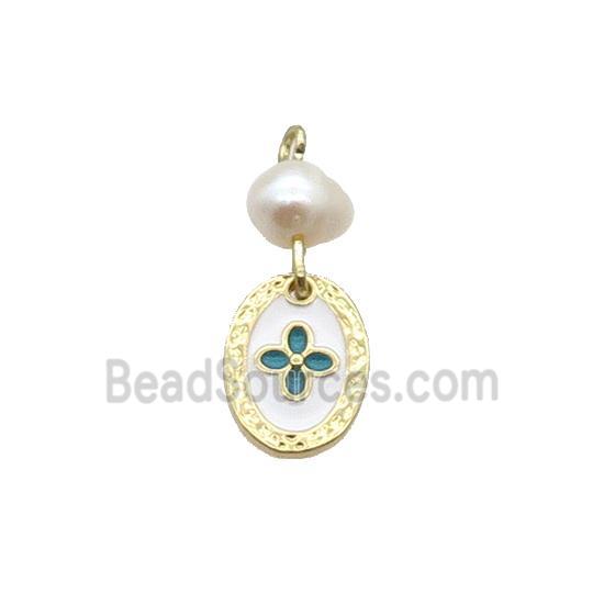 Copper Flower Pendant With Pearl White Enamel Oval Gold Plated