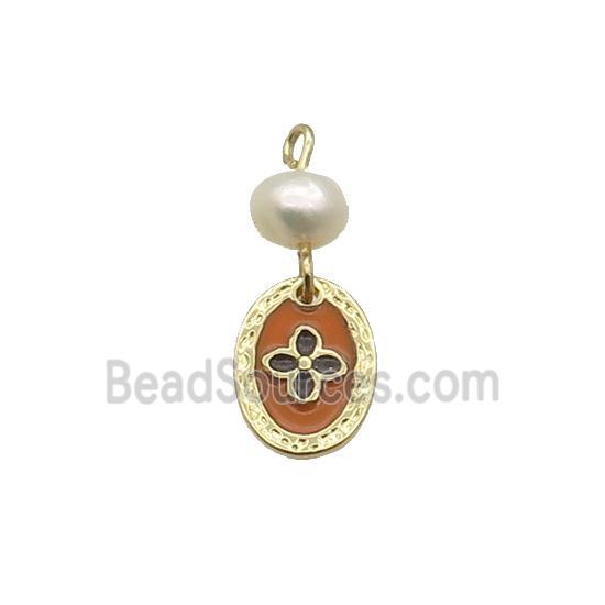 Copper Flower Pendant With Pearl Red Enamel Oval Gold Plated